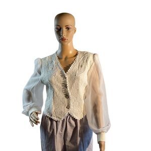 Love Sunhill Women’s Vintage White Lace Sheer Long sleeve Shirt  Blouse  L